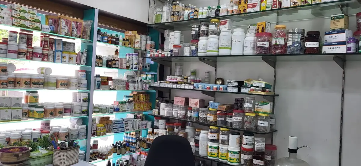 Medicine Counter shelves with Siddha herbal medicines, Dr Meera's clinic Nagapattinam